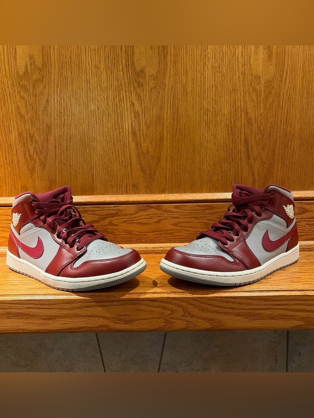Nike Size 10 Jordan 1 Mid Men's Mid-Top Sneakers - Grey and Burgandy